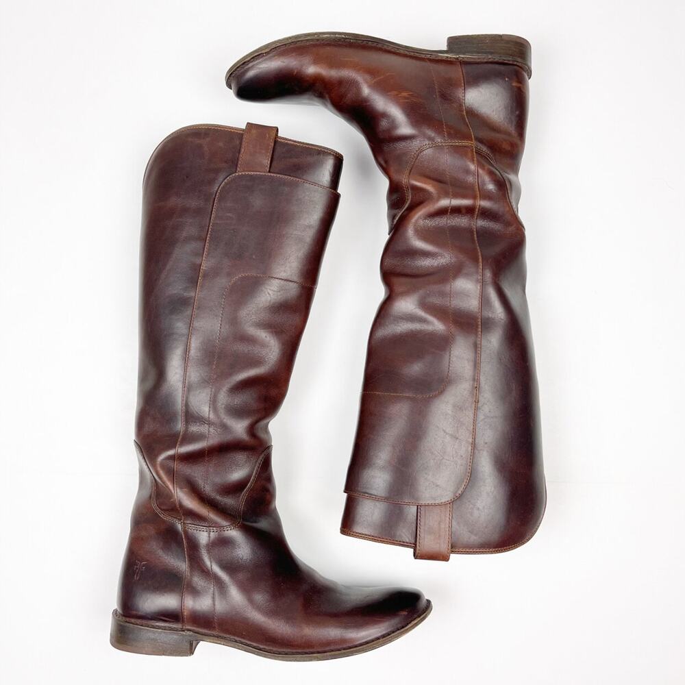 Frye Paige Tall Riding Boots Cognac Burnished Grain 8